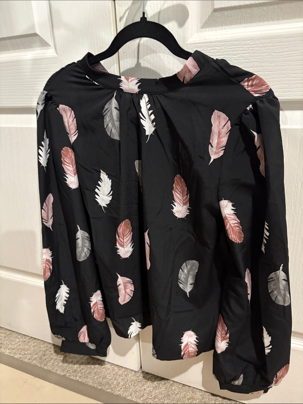 Black Feather Print Long Sleeve Blouse